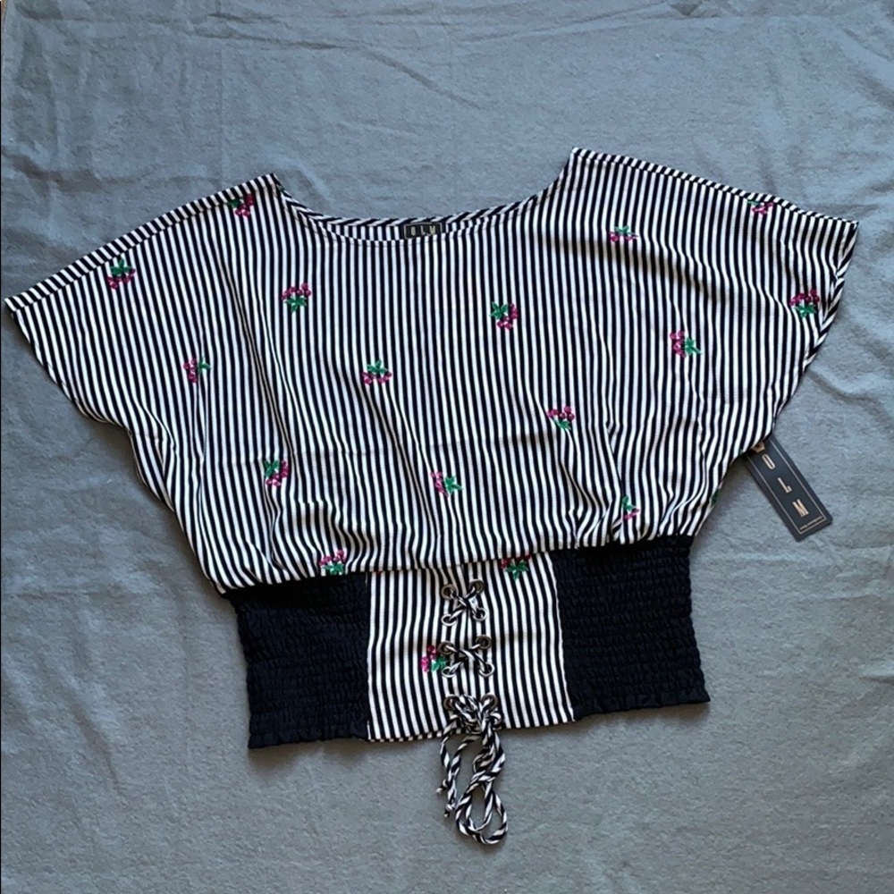 NWT OLM Black and White Cherry Top